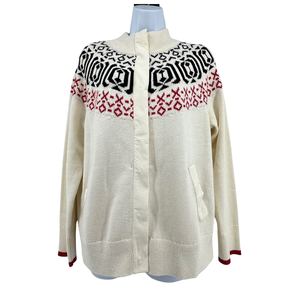 T‎ by Talbots Fair Isle Cardigan Sweater Womens Medium Ivory Red Black Snap
